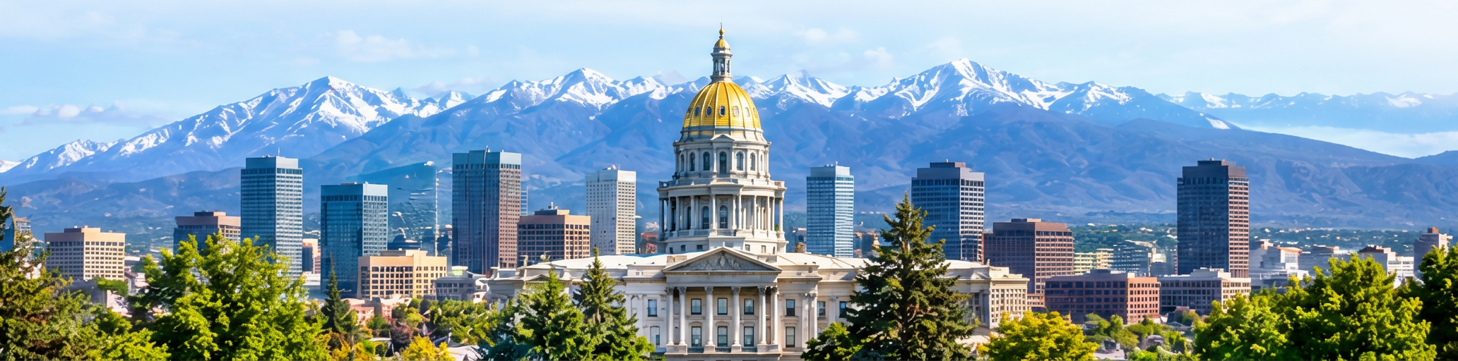 Colorado Capitol with the Denver skyline and Rocky Mountains
