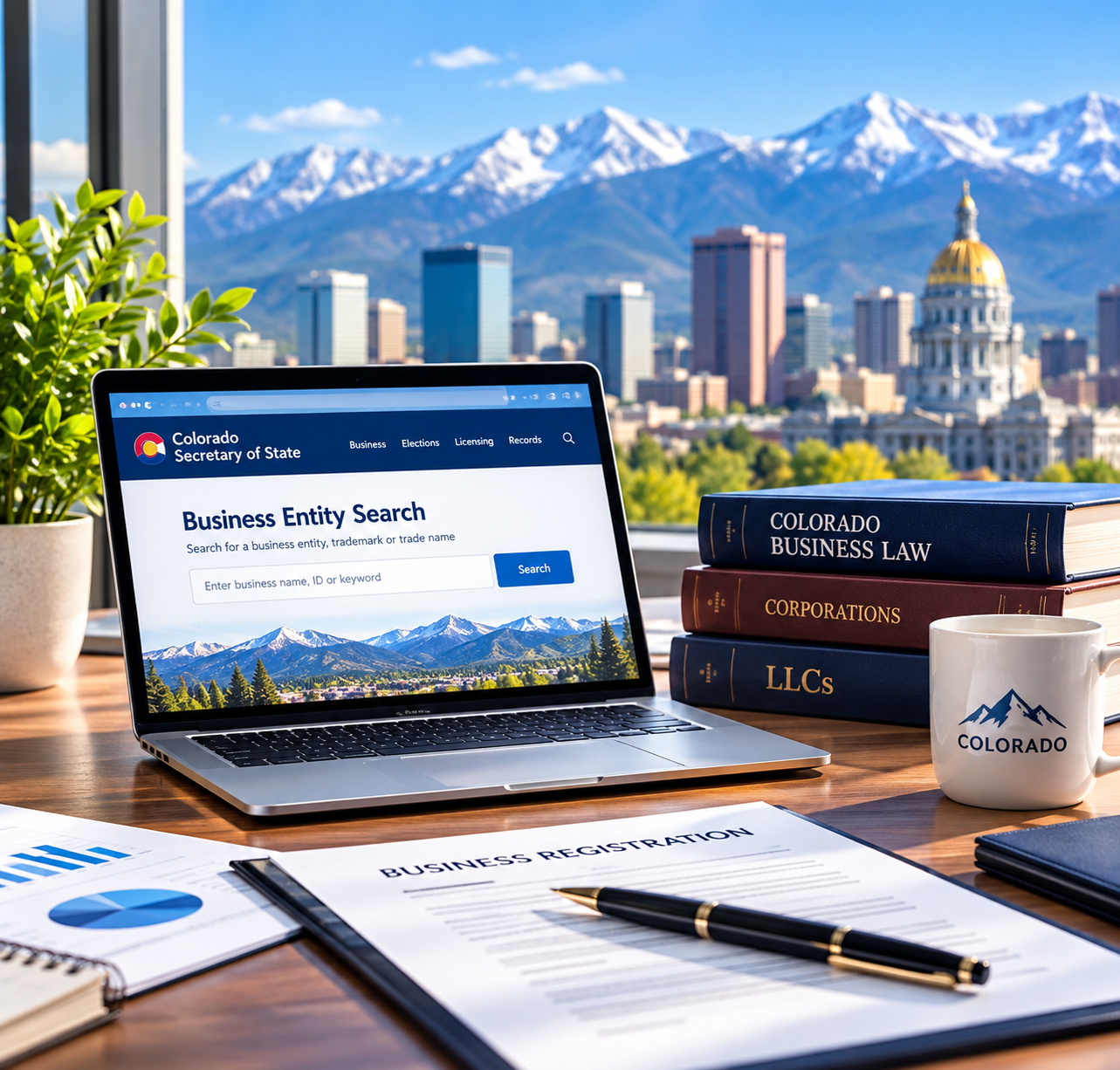 Colorado Secretary of State business record search on a laptop