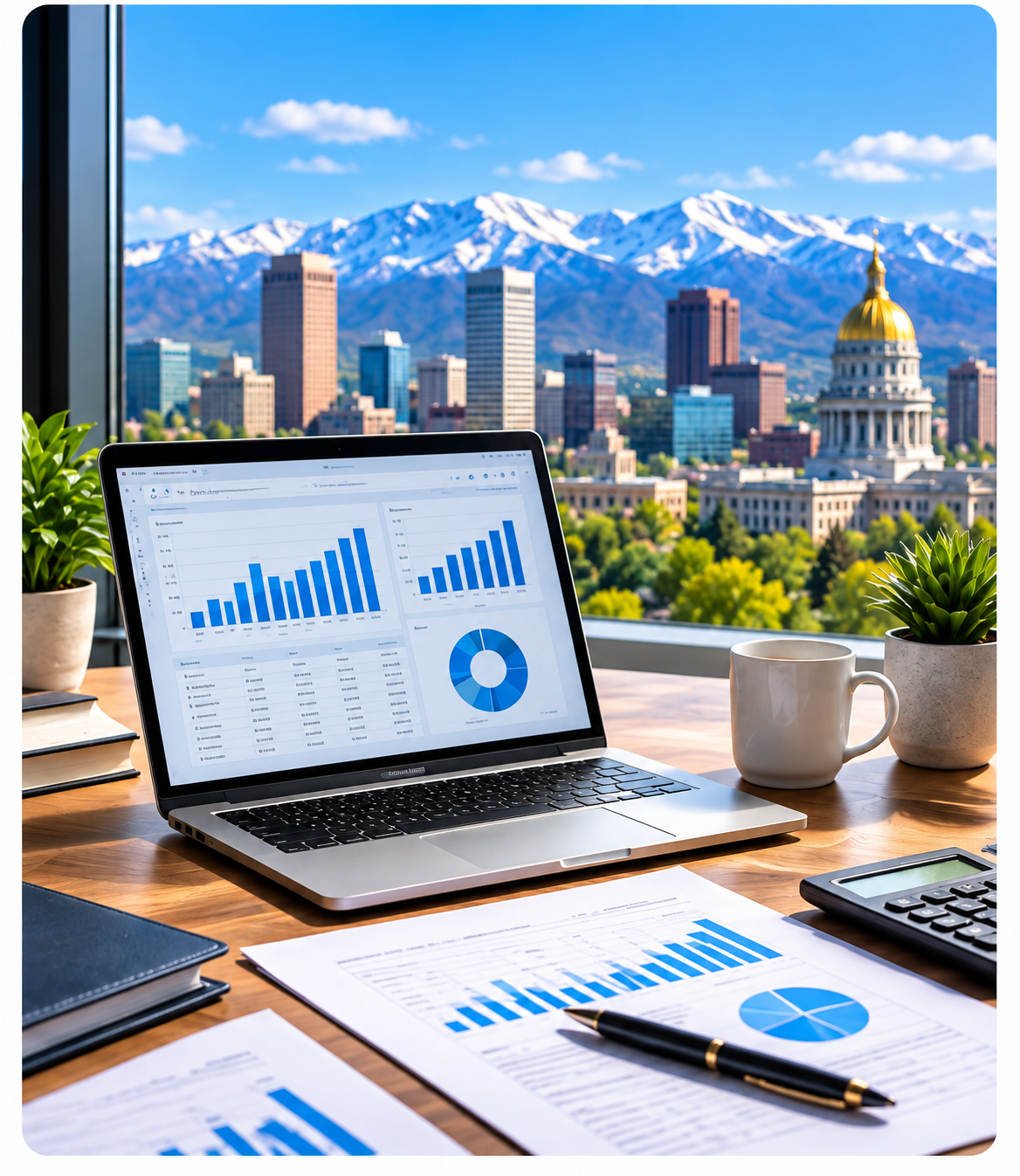 Business analytics and financial reports on an office desk overlooking Denver