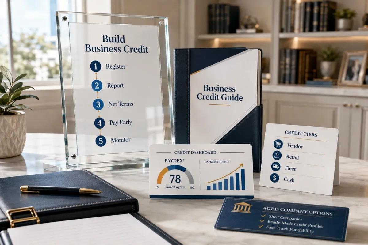 Business credit roadmap with registration, reporting, net terms, PAYDEX dashboard and credit tiers