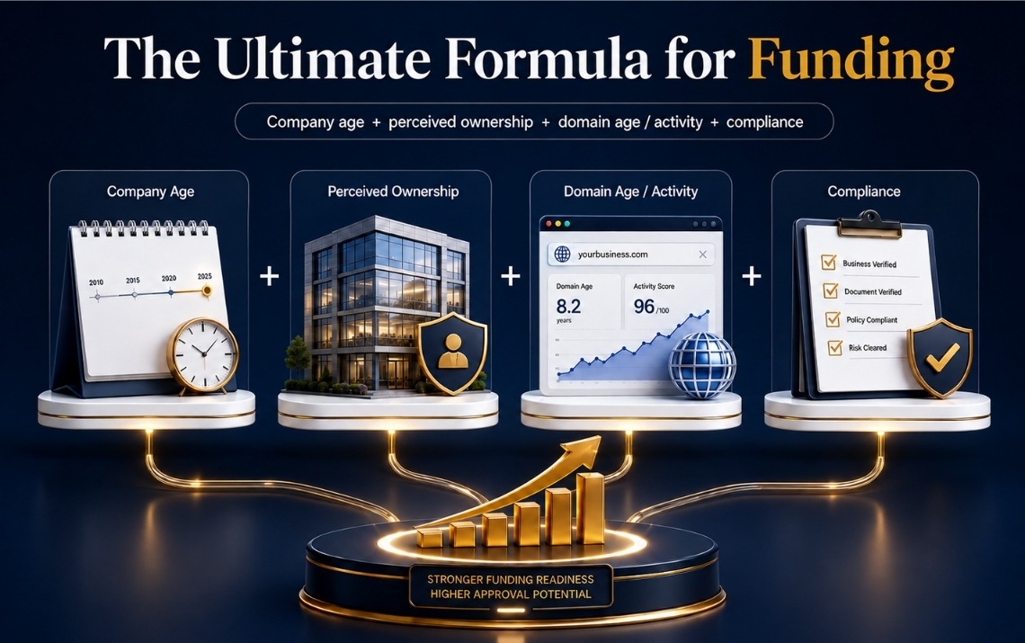 Formula for funding: company age, perceived ownership, domain age and activity, and compliance
