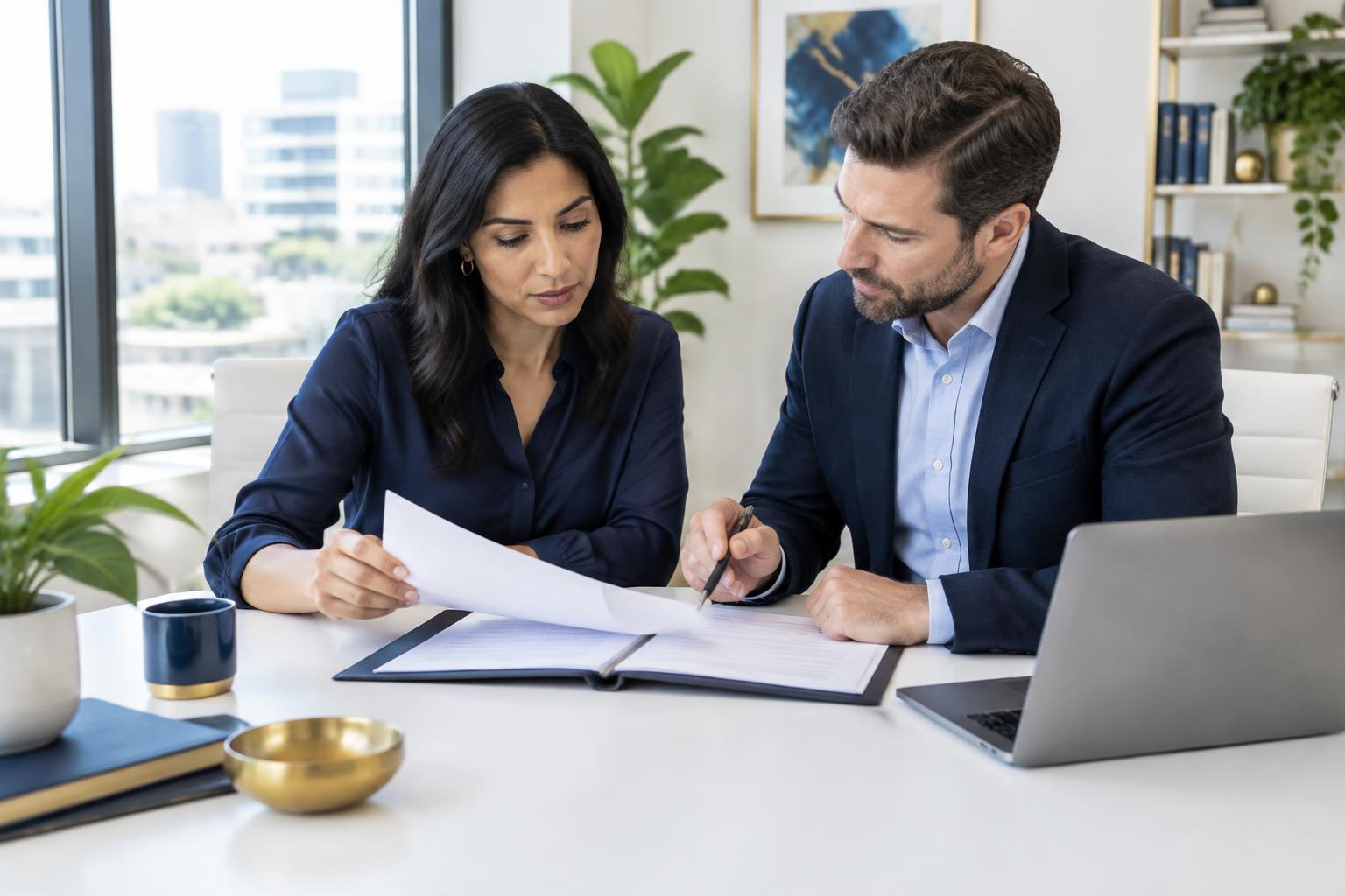 Business professionals reviewing corporate documentation together