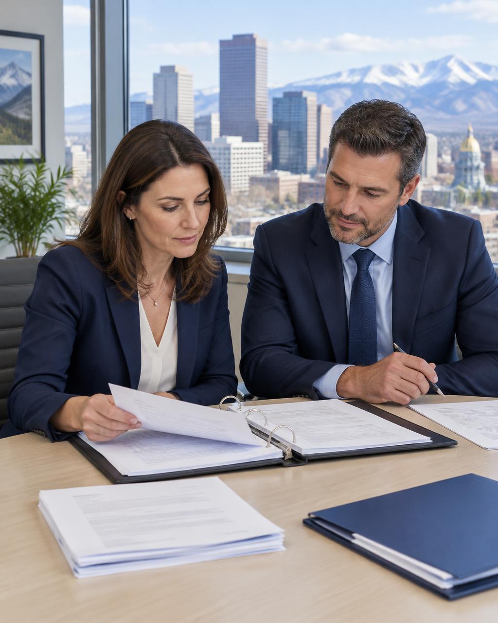 Business owners reviewing corporate records and share-transfer paperwork in a Denver office