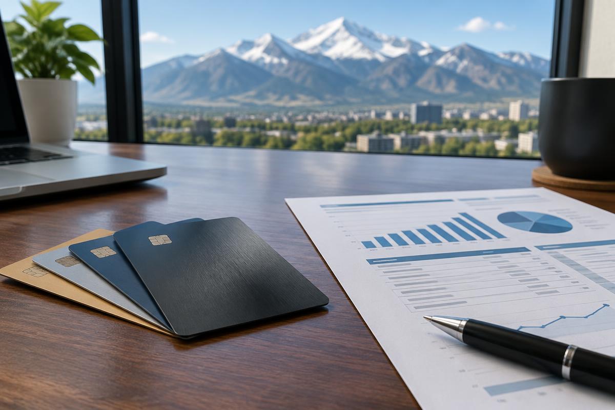 Business credit cards beside a business credit report on a desk