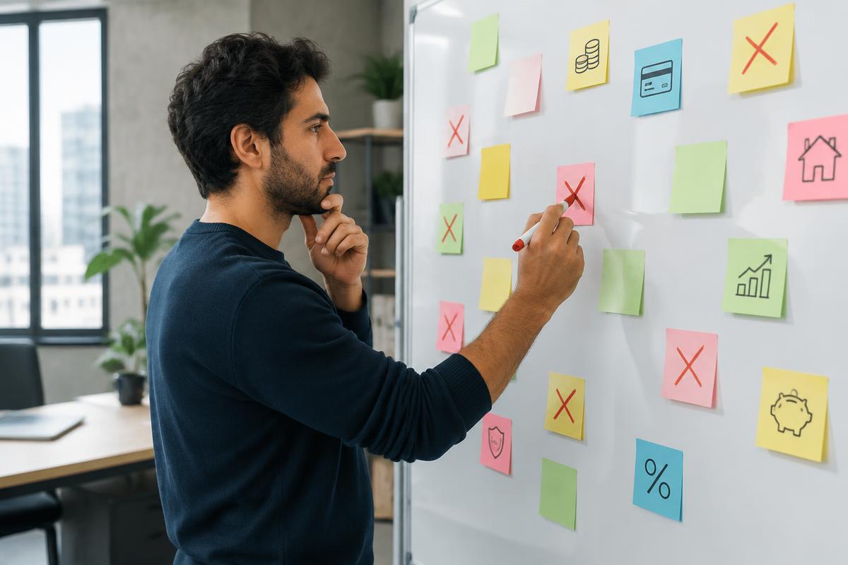 Entrepreneur crossing out bad business credit advice on a whiteboard