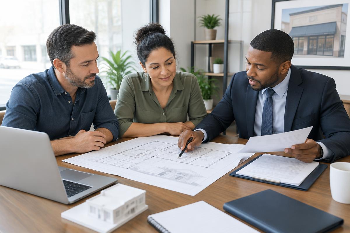 Business owners reviewing SBA loan plans with a loan officer