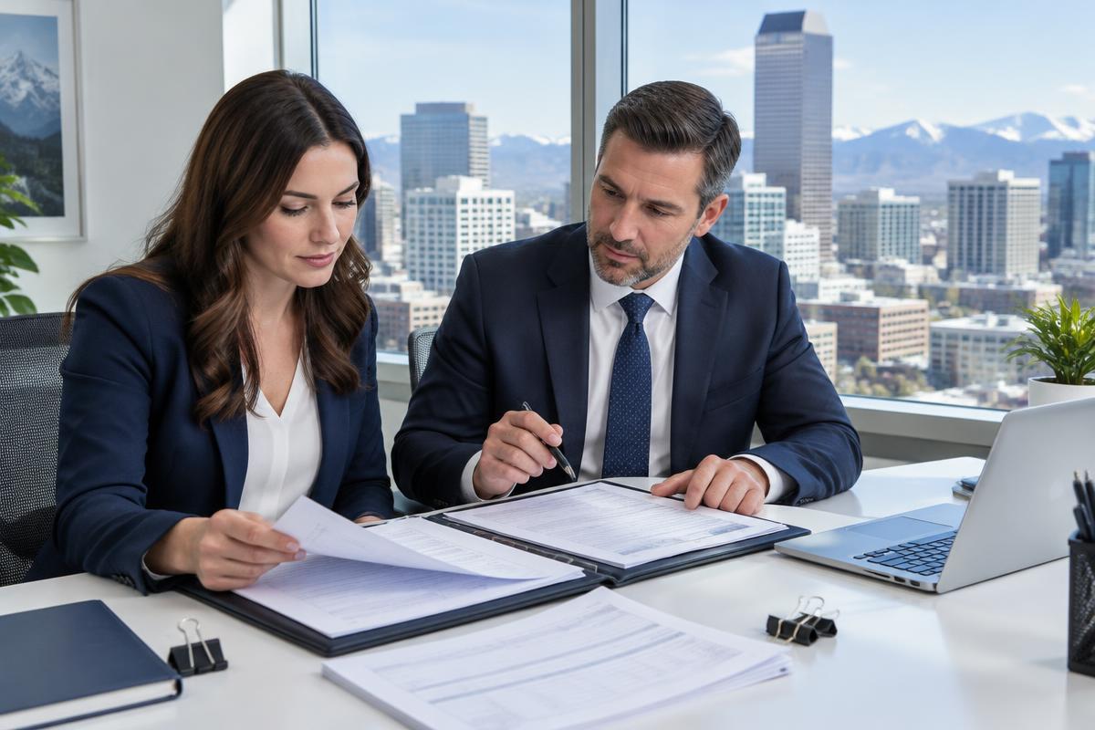 Business professionals reviewing corporate ownership and registration documents in a Denver office