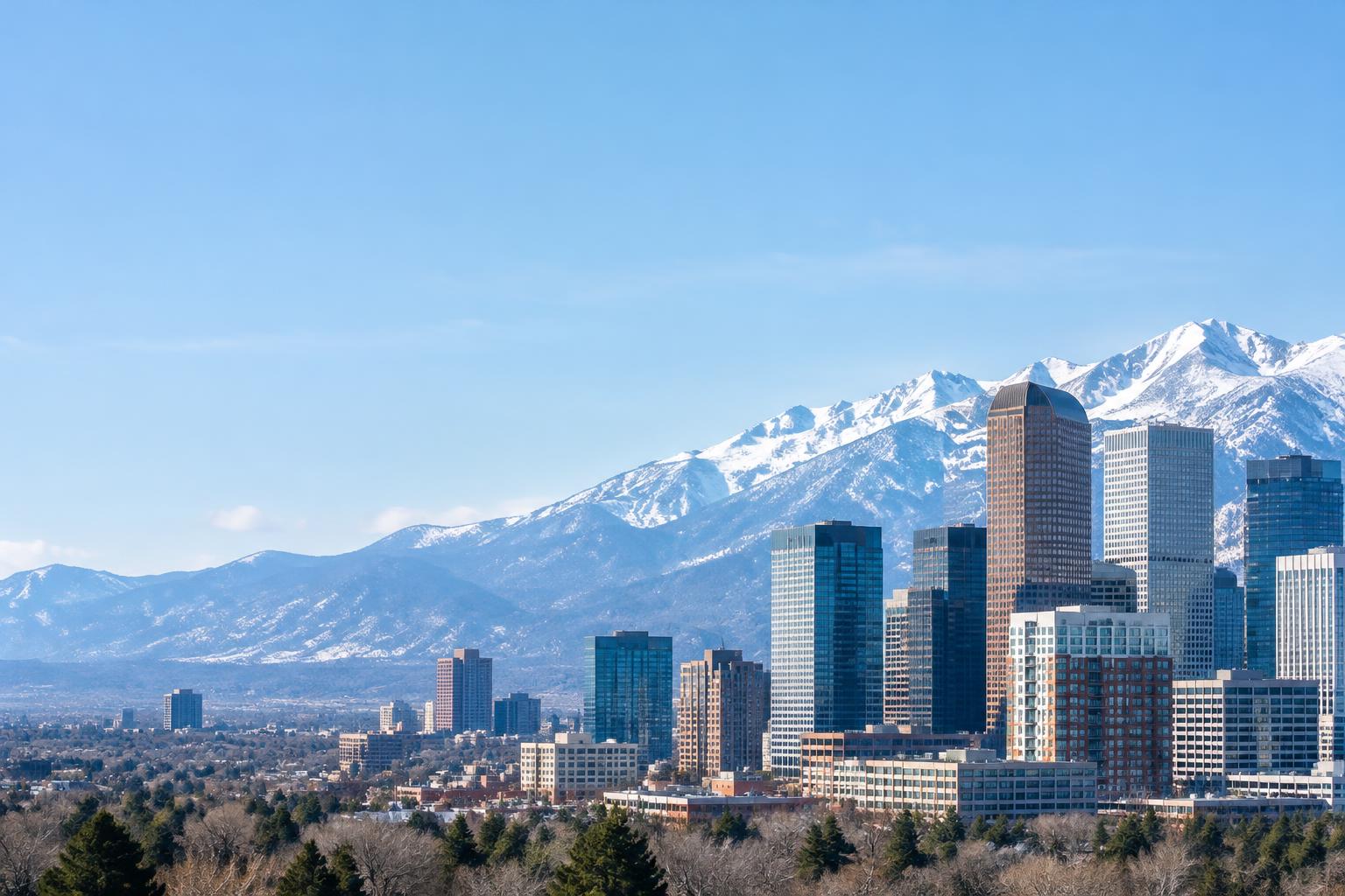 Illustrative Denver skyline with the Colorado Rocky Mountains